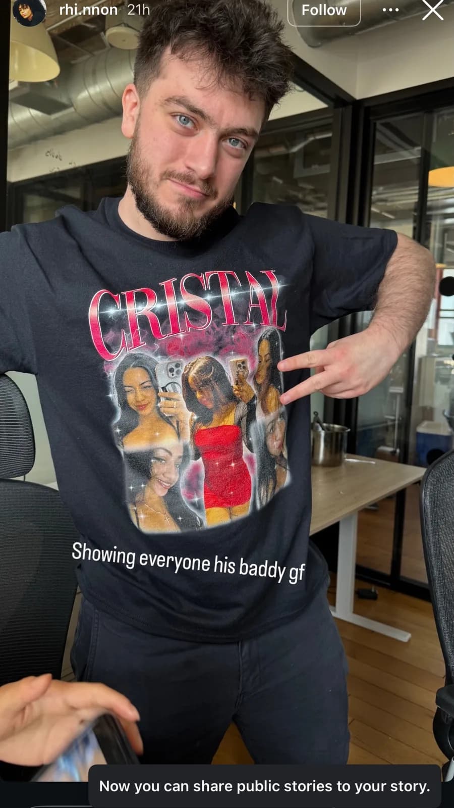 Me pointing at my CRISTAL t-shirt